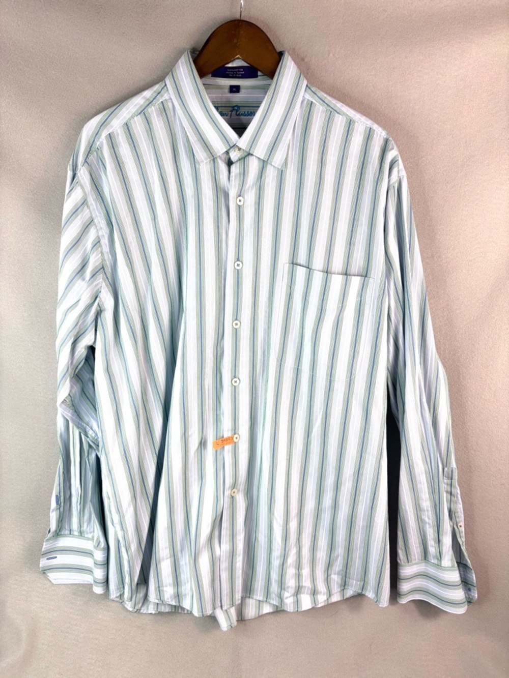 Alan Flusser Men's White Shirt with Light Blue and Green Stripes